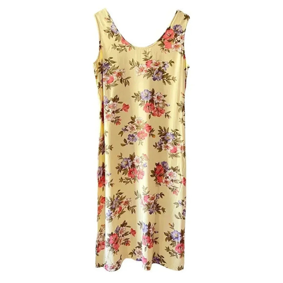 Vintage Dresses & Skirts - 90’s Y2K Pastel Yellow Floral Hibiscus Summer Midi Sheath Tank Sun Dress Size L
